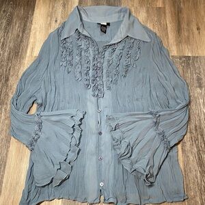 Vintage Y2K Satin Ruffle Flare‎ Sleeve Blue Blouse 18 Silk Fairy Grunge Cottage